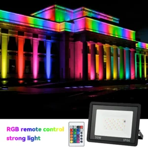 Refletor LED RGB com controle remoto, iluminação do jardim ao ar livre, lâmpada do projetor, IP66, 100W, 50W, 30W, 20W, 10W, 220V