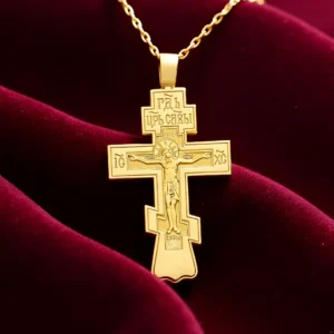 HTISOK Corrente com pingente de crucifixo ortodoxo oriental com cruz de liga banhada a ouro e prata Colar cristão Decoração religiosa e presente