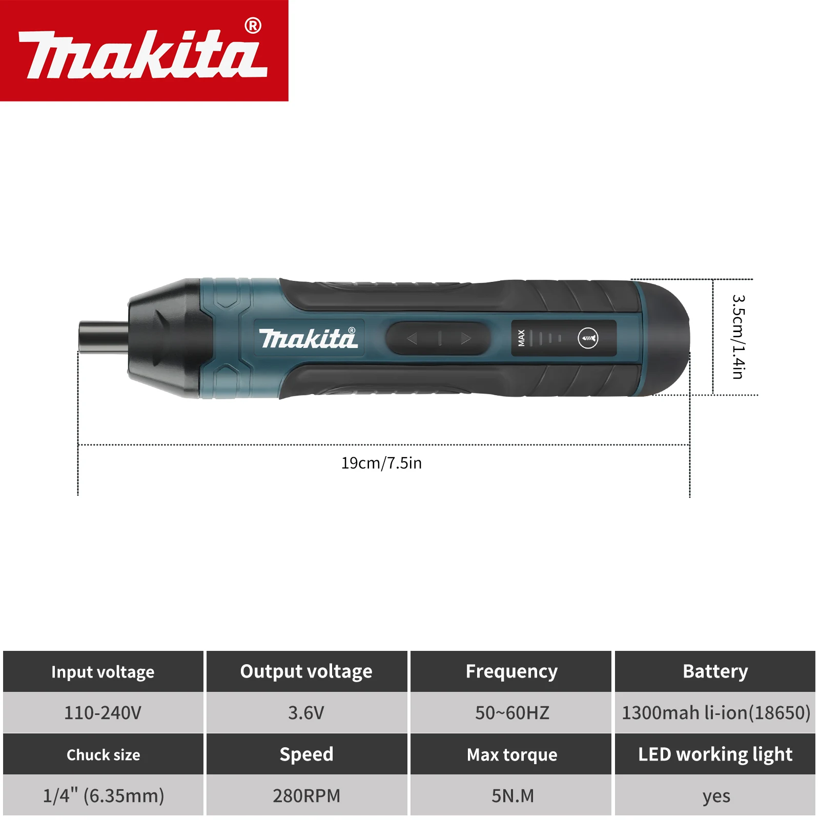 Chave de fenda elétrica sem fio Makita | Par de 3,6 V 5 N.m | Mandril de 1/4" | Bateria de íon de lítio 1300mAh - Imagem 4