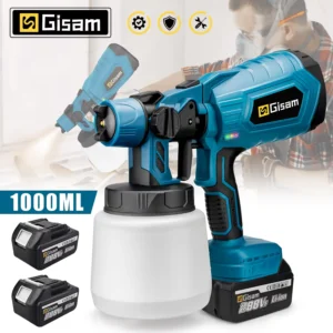Gismo 1000ml pistola elétrica casa pulverizador de tinta sem fio hvlp auto móveis revestimento aço aerógrafo para makita 18v bateria pi