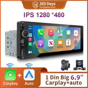 Ips 6.9 Polegada 1din sem fio ou com fio carplay android auto rádio do carro multimídia mp5 player 1 din dvd bluetooth estéreo carregamento usb