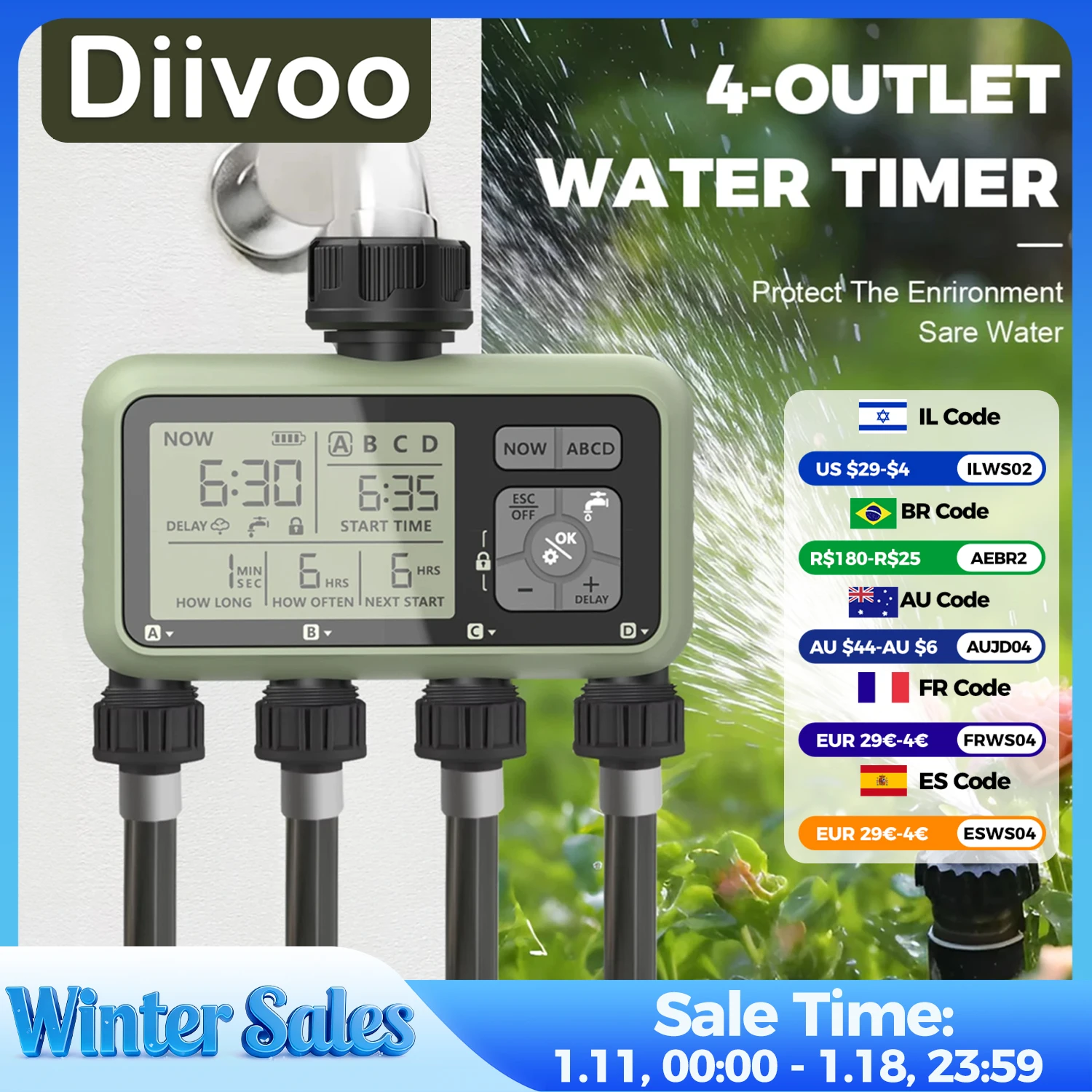 Diivoo temporizador de água 4 zona jardim programável temporizador de irrigação automática com atraso de chuva manual/modo automático rega para gramado quintal