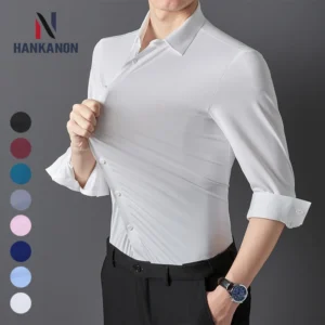 Camisa ultraelástica masculina premium – Camisa formal de manga comprida de negócios sedosa de alta qualidade para uso social e casual