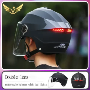 Capacetes de motocicleta com luzes led para homens e mulheres, capacete ciclomotor, scooter elétrico com viseira dupla, luz de bicicleta recarregável