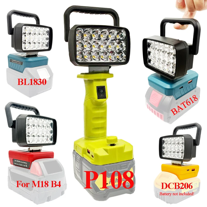 Para makita para milwaukee para dewalt para m18 para bosch caixa de bateria de lítio usb power bank lanternas holofote luzes de trabalho lâmpada