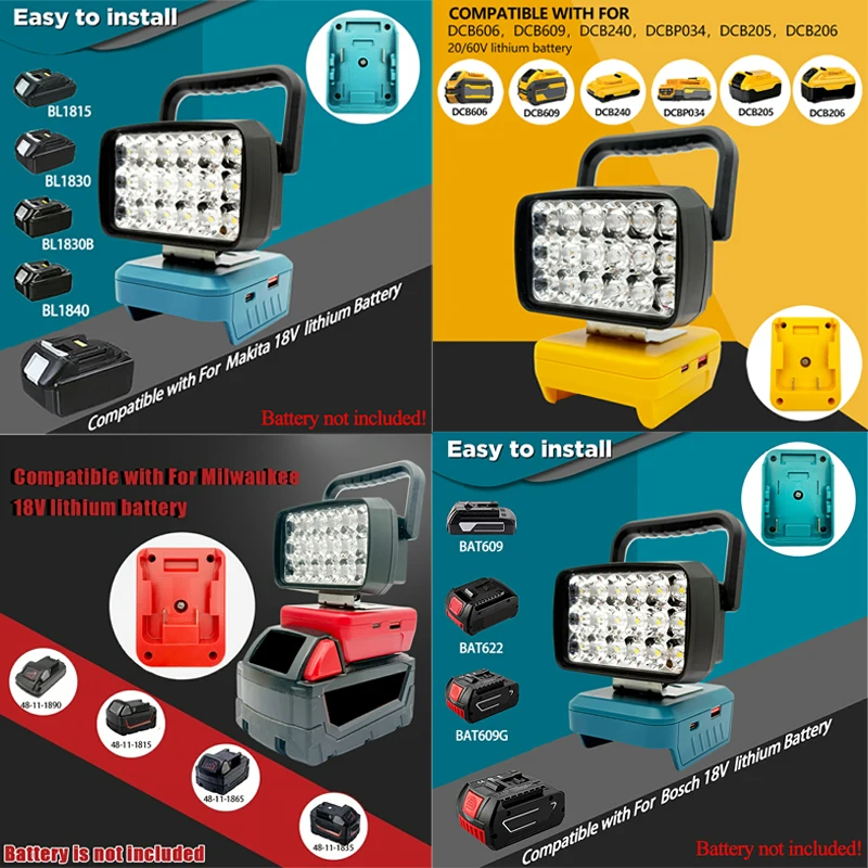 Para makita para milwaukee para dewalt para m18 para bosch caixa de bateria de lítio usb power bank lanternas holofote luzes de trabalho lâmpada - Imagem 3