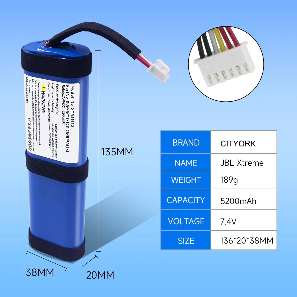 Para jbl xtreme 2 xtreme 3 xtreme2 xtreme3 bateria de substituição 7.4v 5200mah baterias alto-falante bluetooth acumulador 6 fio plug - Imagem 6