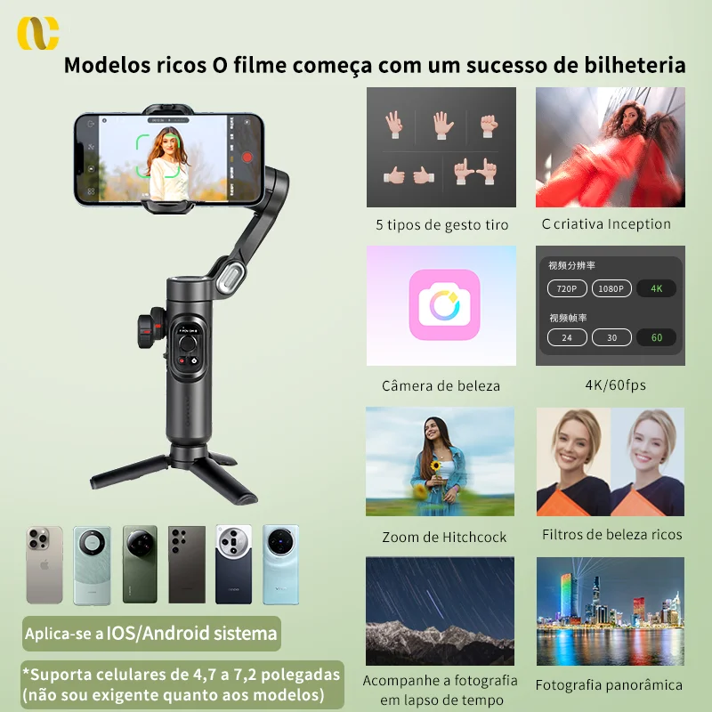 Estabilizador gimbal portátil de 3 eixos AOCHUAN para smartphone com luz de preenchimento para iPhone Android Face Tracking Vlog Smart XE - Imagem 3