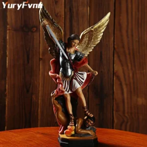 Yuryfvna saint michael arcanjo pomoando demônio estátua escultura estatueta ornamento de resina mesa de escritório em casa decoração do quarto presente